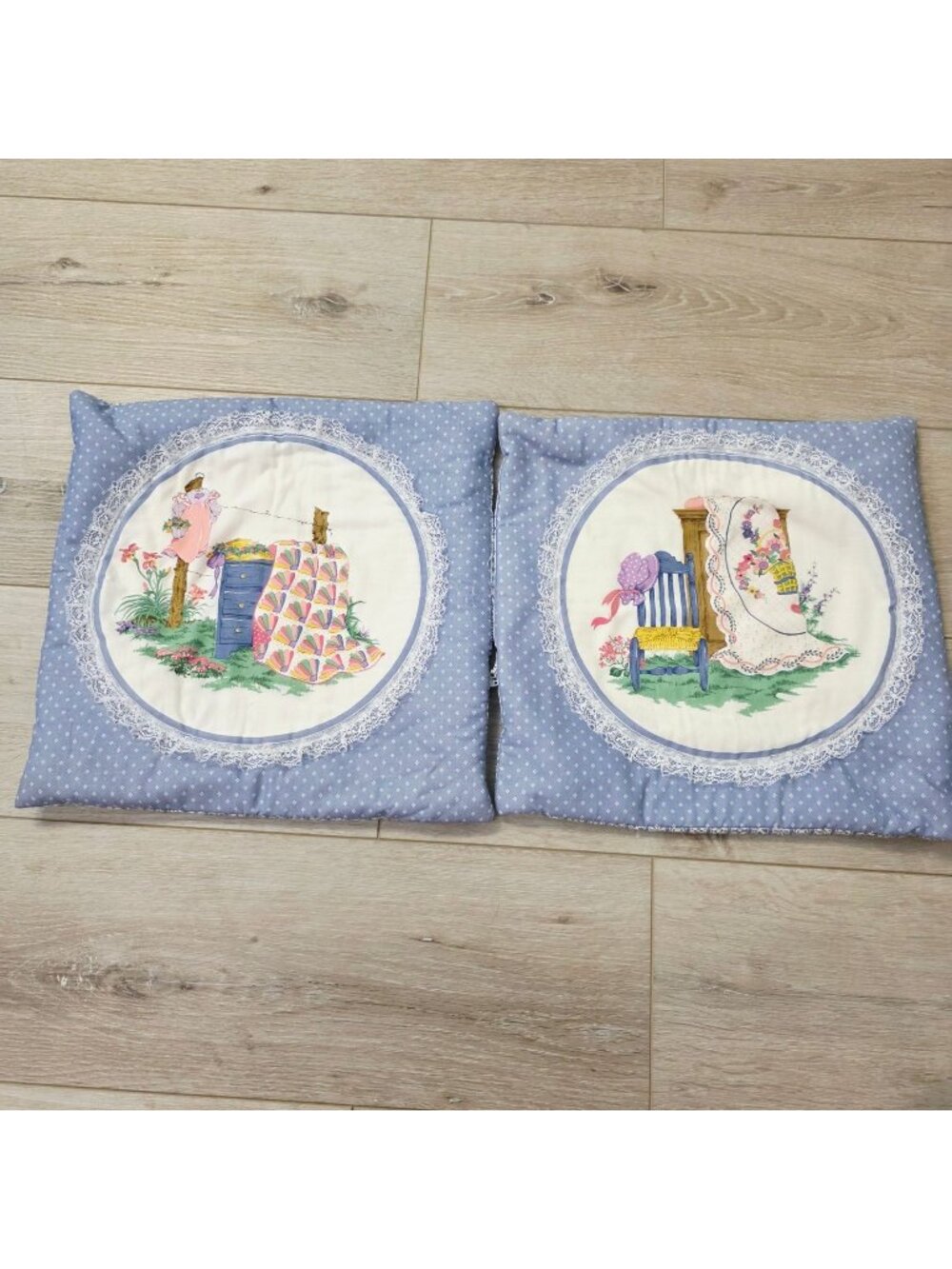 2 Handmade Vtg Cottagecore Blue Polkadot Lace Throw Pillows Country Quilt Decor
